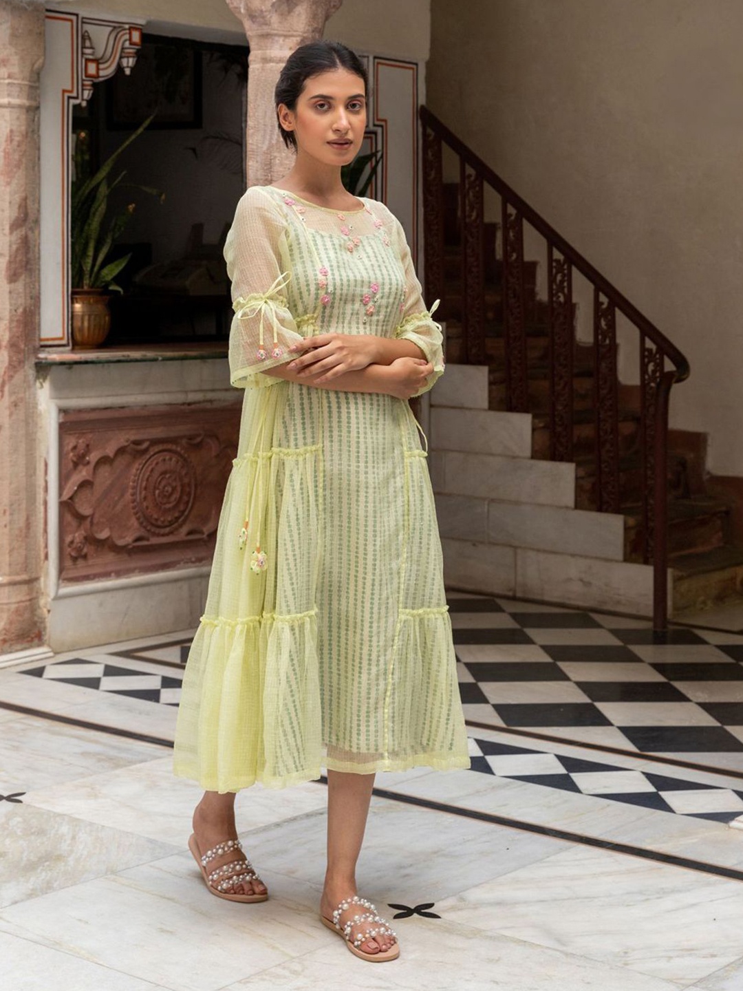 

The Yellow Bow Striped Cotton Fit and Flare Midi Dress, Green