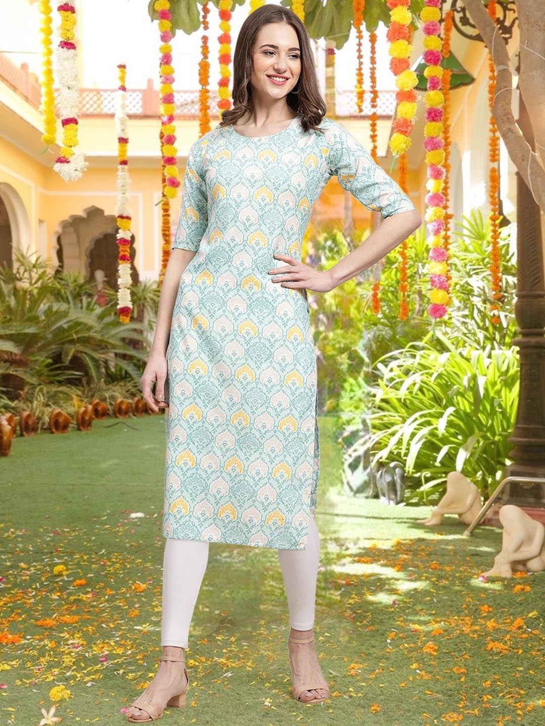 

7Threads Ethnic Motifs Printed Round Neck Straight Kurta, Blue