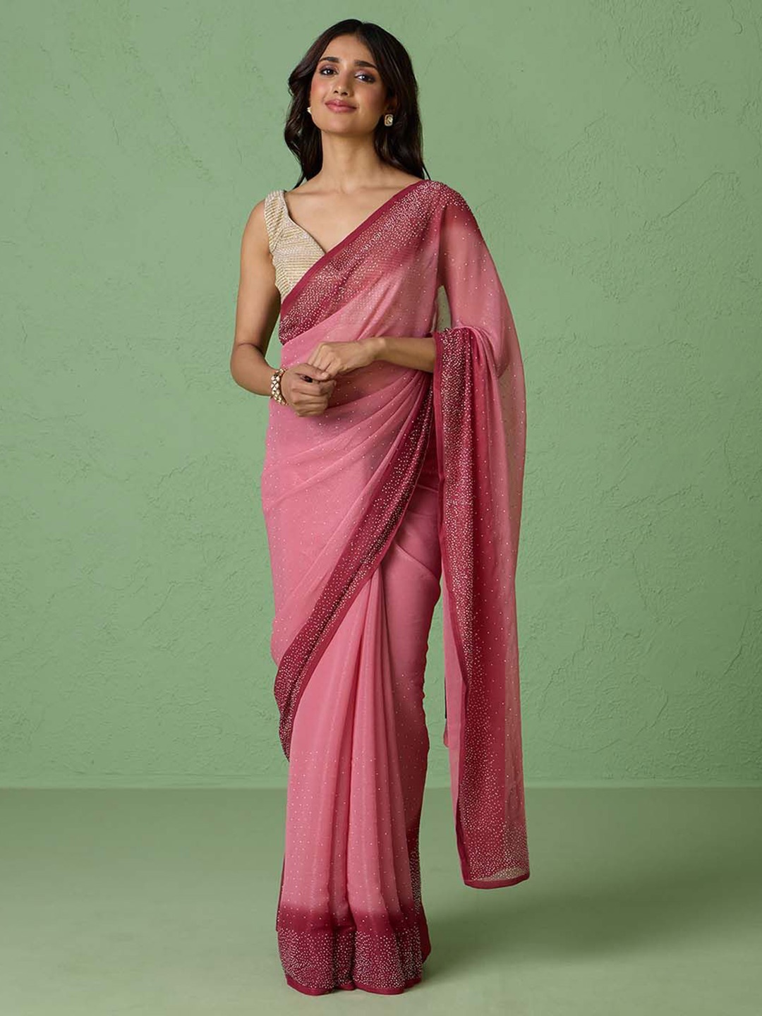 

Likha Embellished Beads and Stones Pure Chiffon Saree, Pink