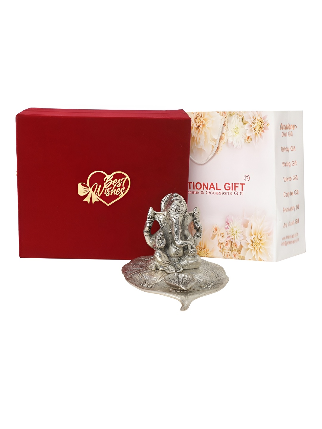 

INTERNATIONAL GIFT Silver-toned Patta Ganesh Idol with Best Wishes Tag & Velvet Box