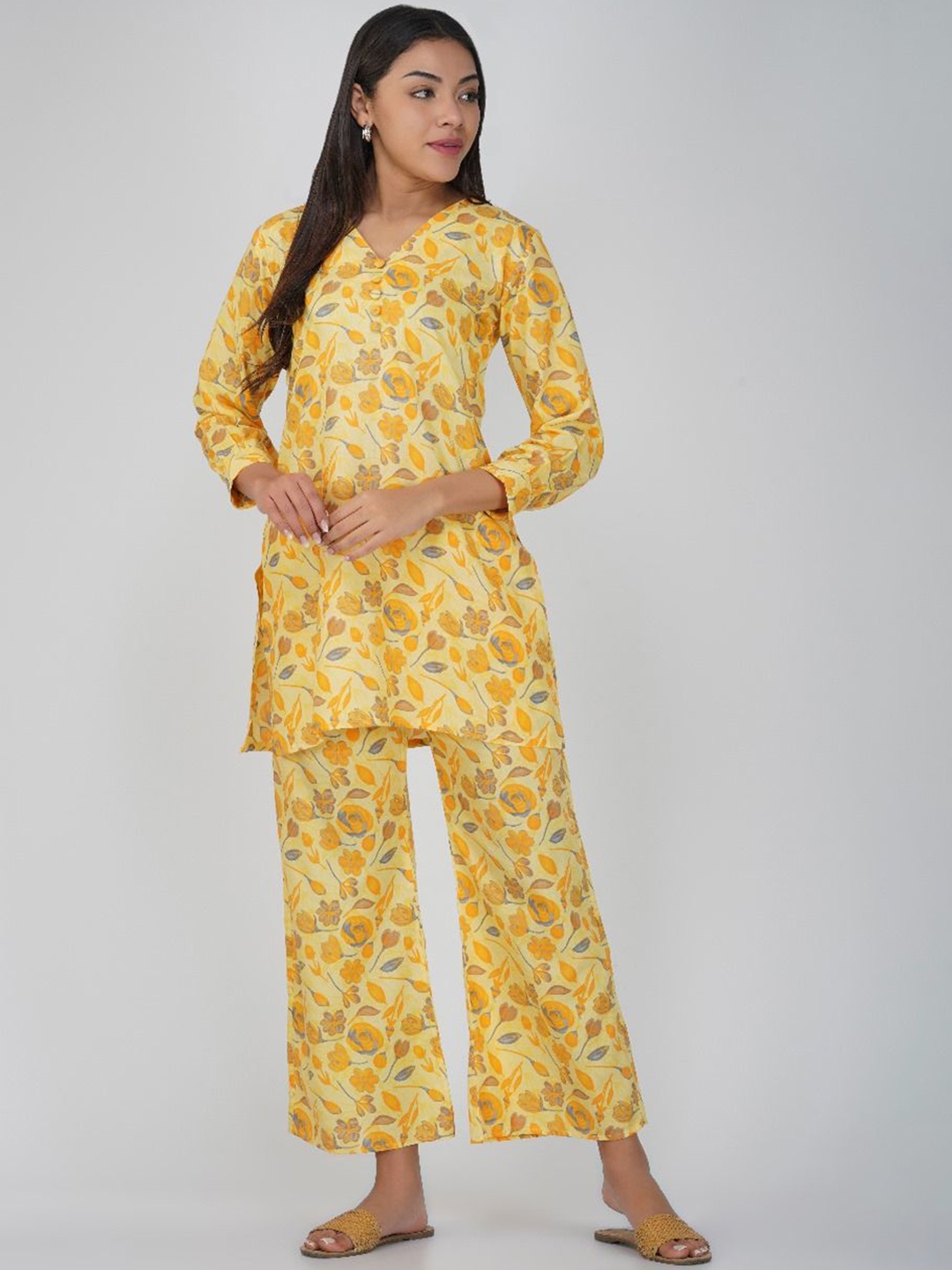 

THE VASILIKI Printed Pure Cotton Top With Trouser, Yellow