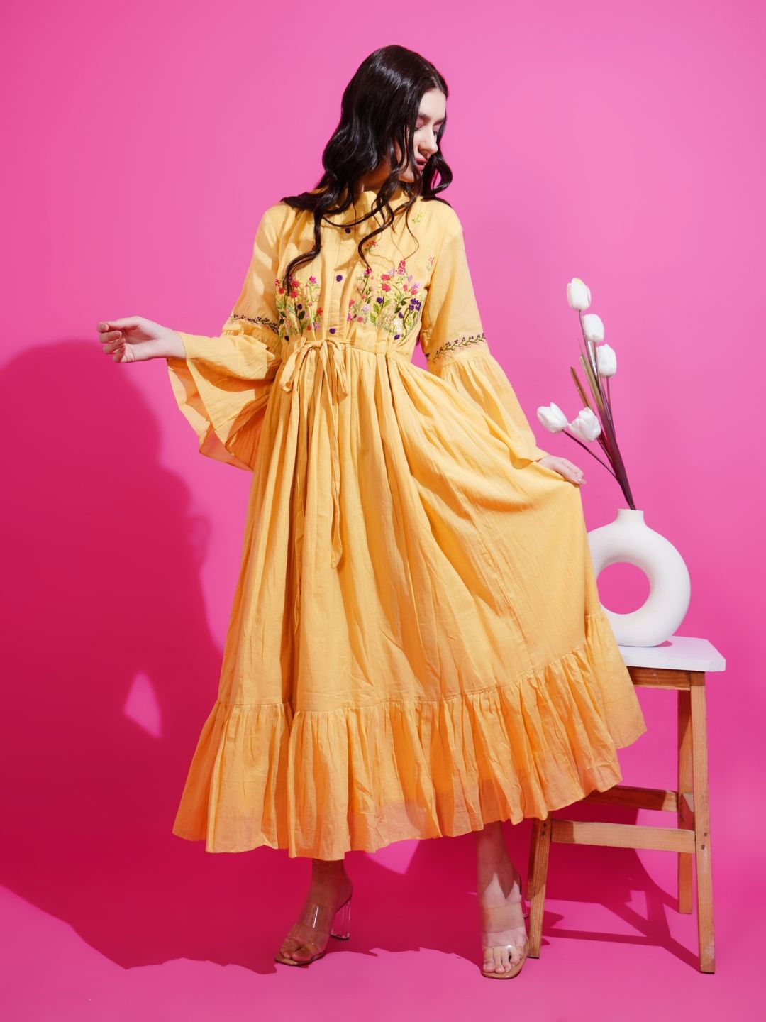 

Boholyfe Floral Embroidered Cotton Bell Sleeve Maxi Dress, Yellow