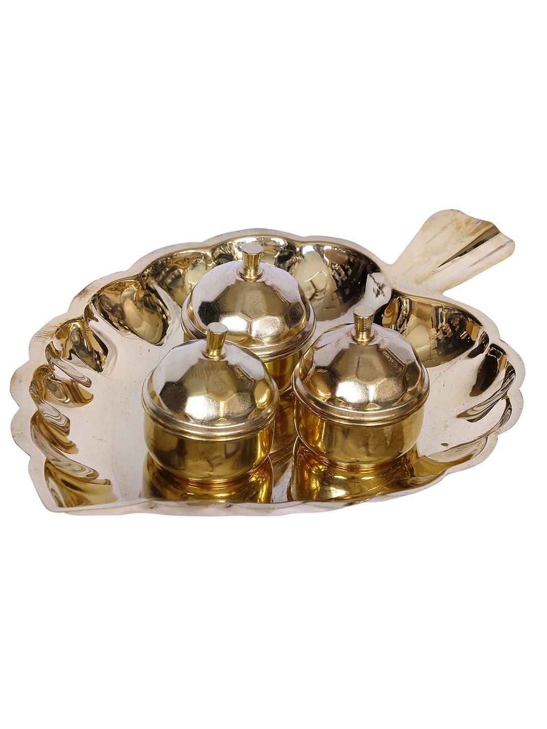 

Exotic India Gold Toned 4 Pieces Brass Kumkum Bowls With Leaf Plate