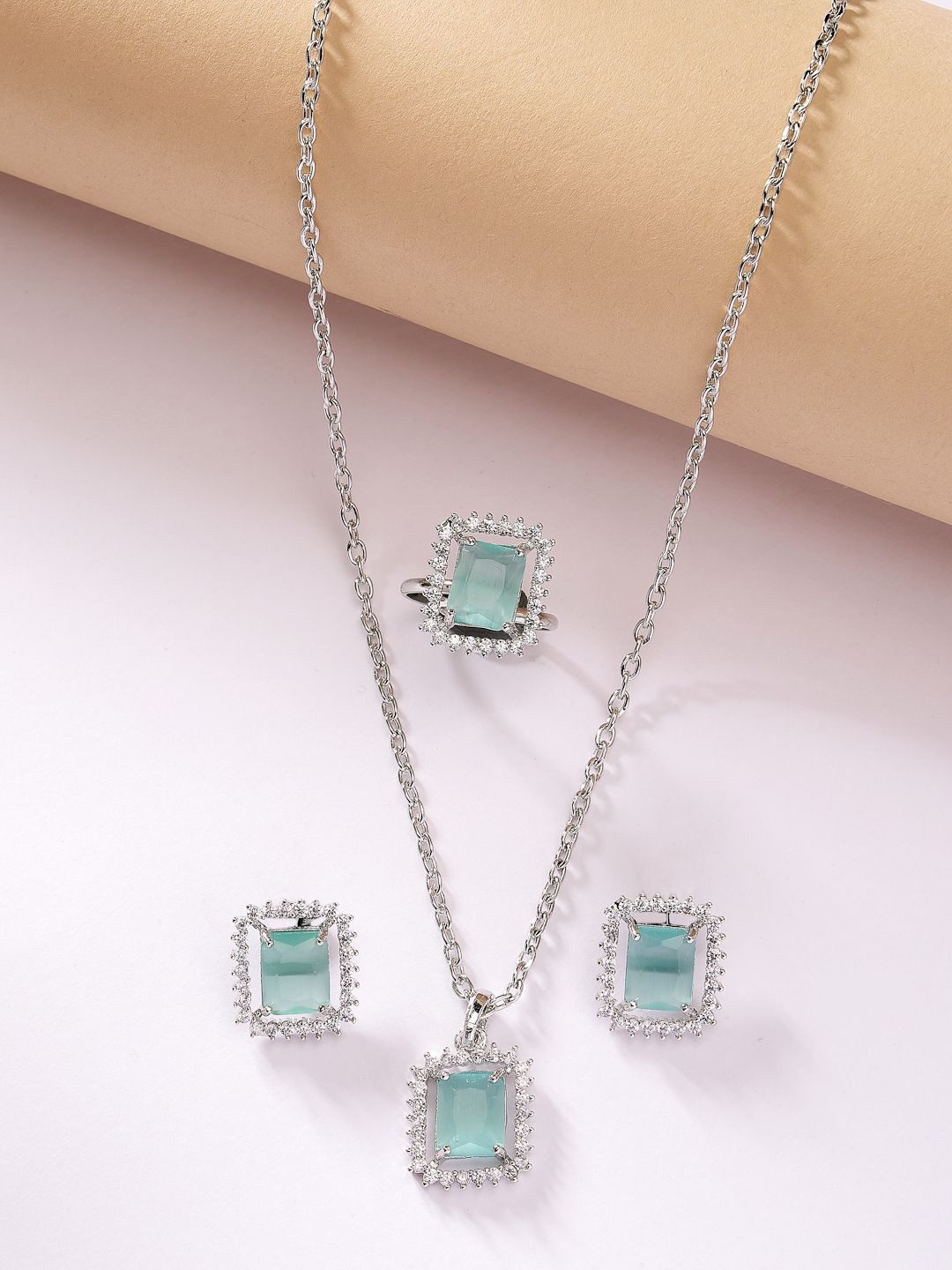 

ZENEME Rhodium Plated AD Studded Princess Cut Crytsal Necklace and Earrings With RIng, Silver
