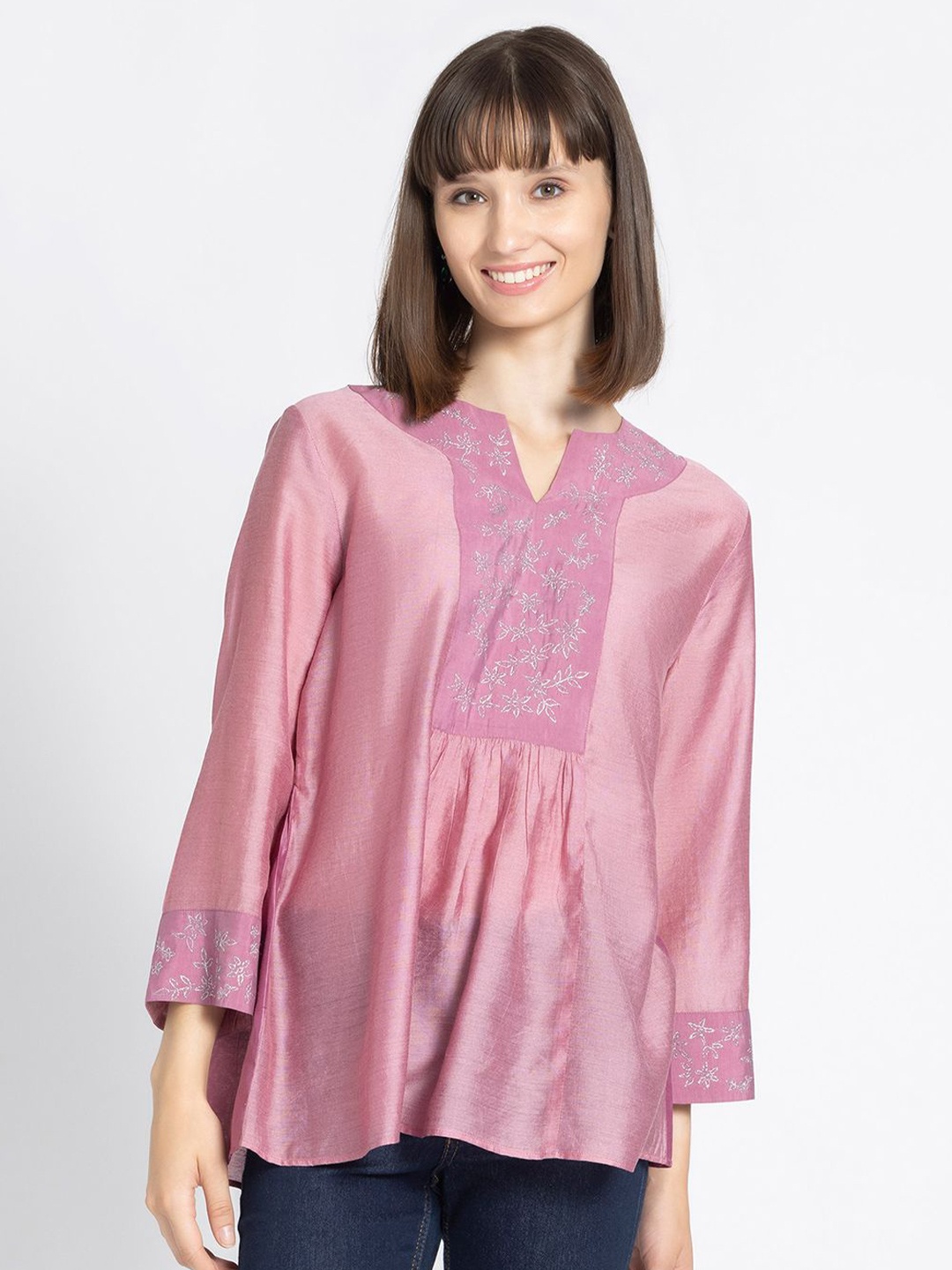 

SHAYE Floral Embroidered Empire Kurti, Mauve