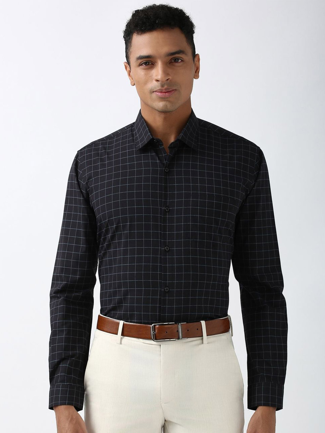 

Peter England Men Spread Collar Tartan Checked Cotton Formal Shirt, Black