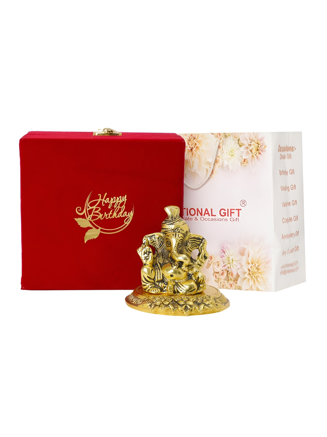 

INTERNATIONAL GIFT Gold Toned Pagdi Ganesh Idol With Happy Birthday Tag & Velvet Box
