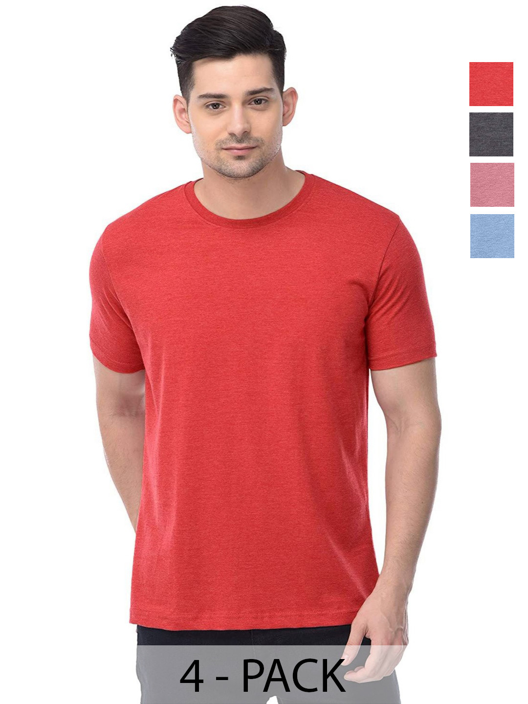 

COLOR CAPITAL Unisex Pack Of 4 Solid Round Neck Cotton T-shirts, Red