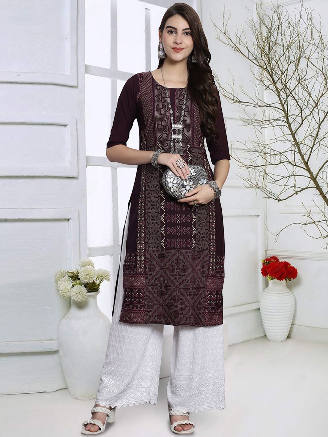 

7Threads Ethnic Motifs Printed Straight Kurta, Maroon