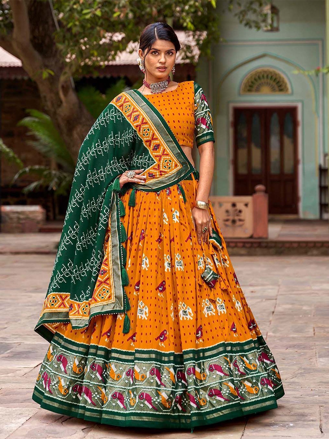 

LEAFFEB Printed Semi-Stitched Lehenga & Blouse With Dupatta, Yellow