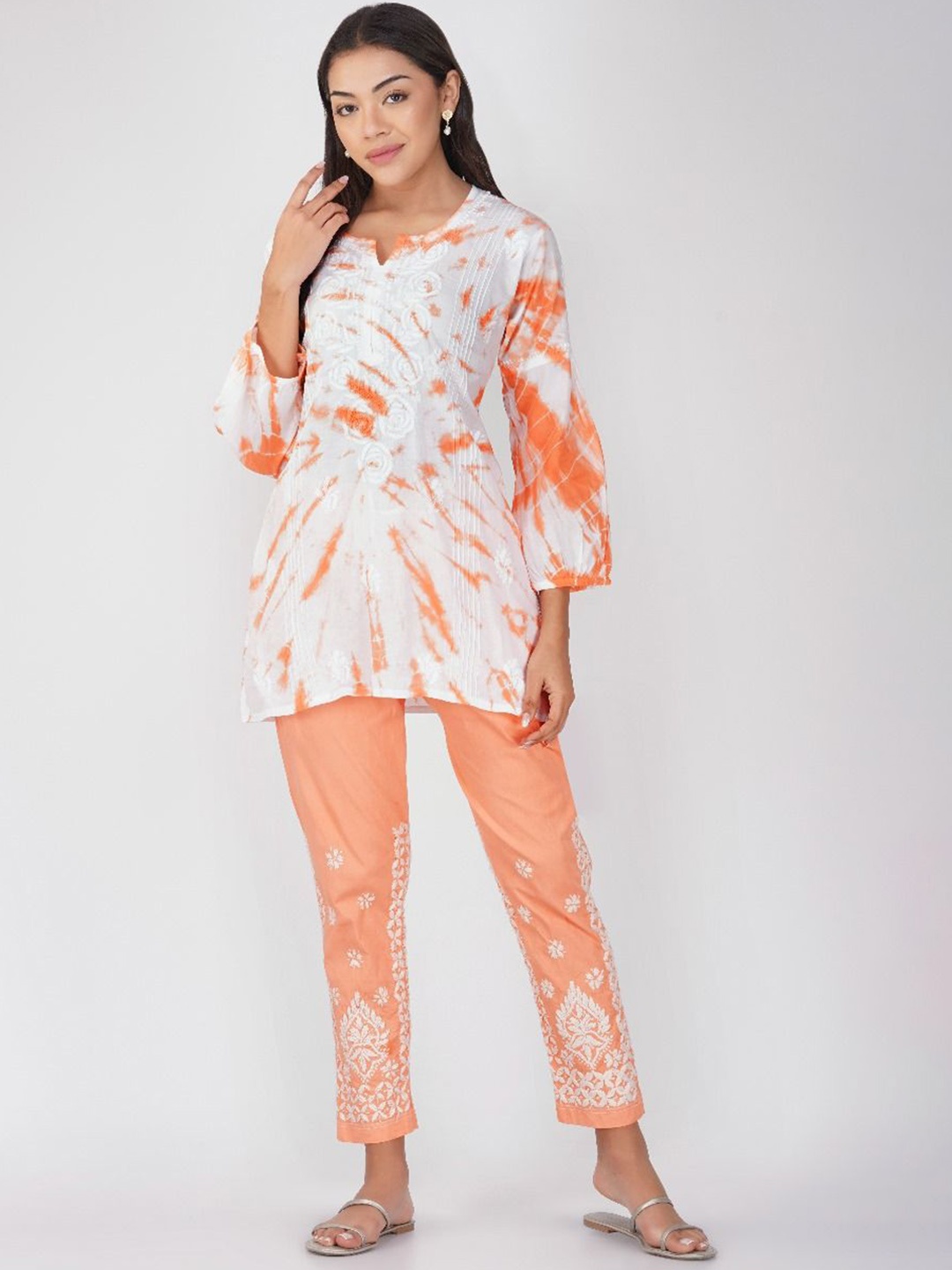 

THE VASILIKI Tie Dye Embroidered Pure Cotton Top With Trouser, Peach
