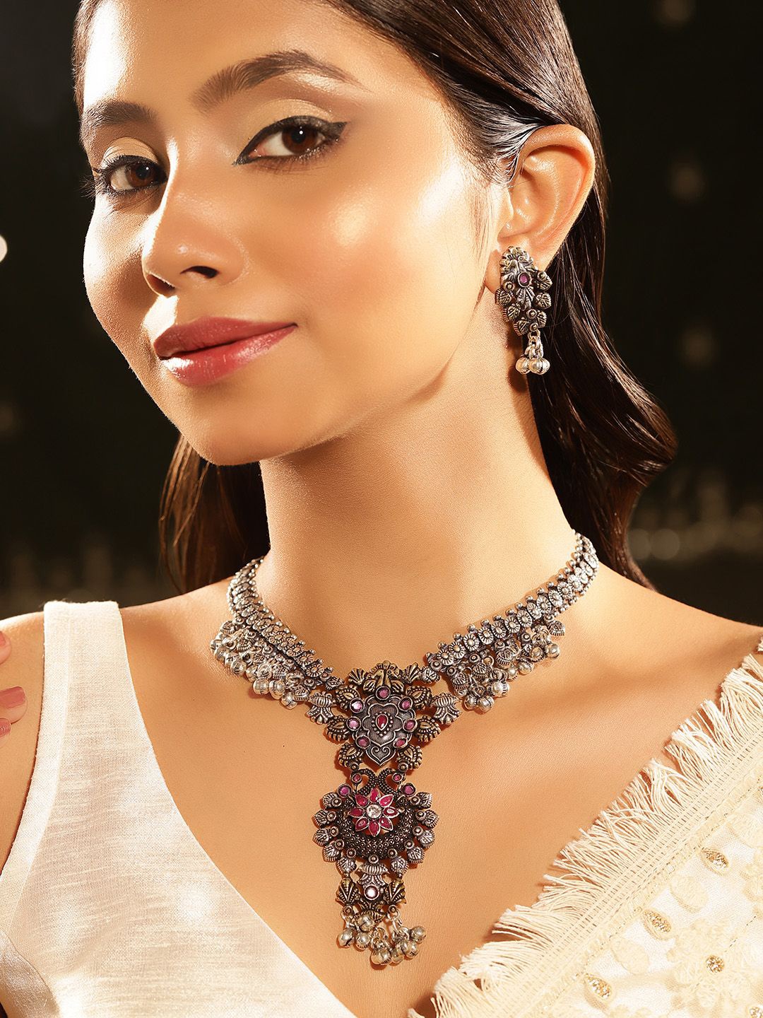 

Priyaasi Dual Plated Kundan Studded Peacock Oxidized Jewellery Set, Silver