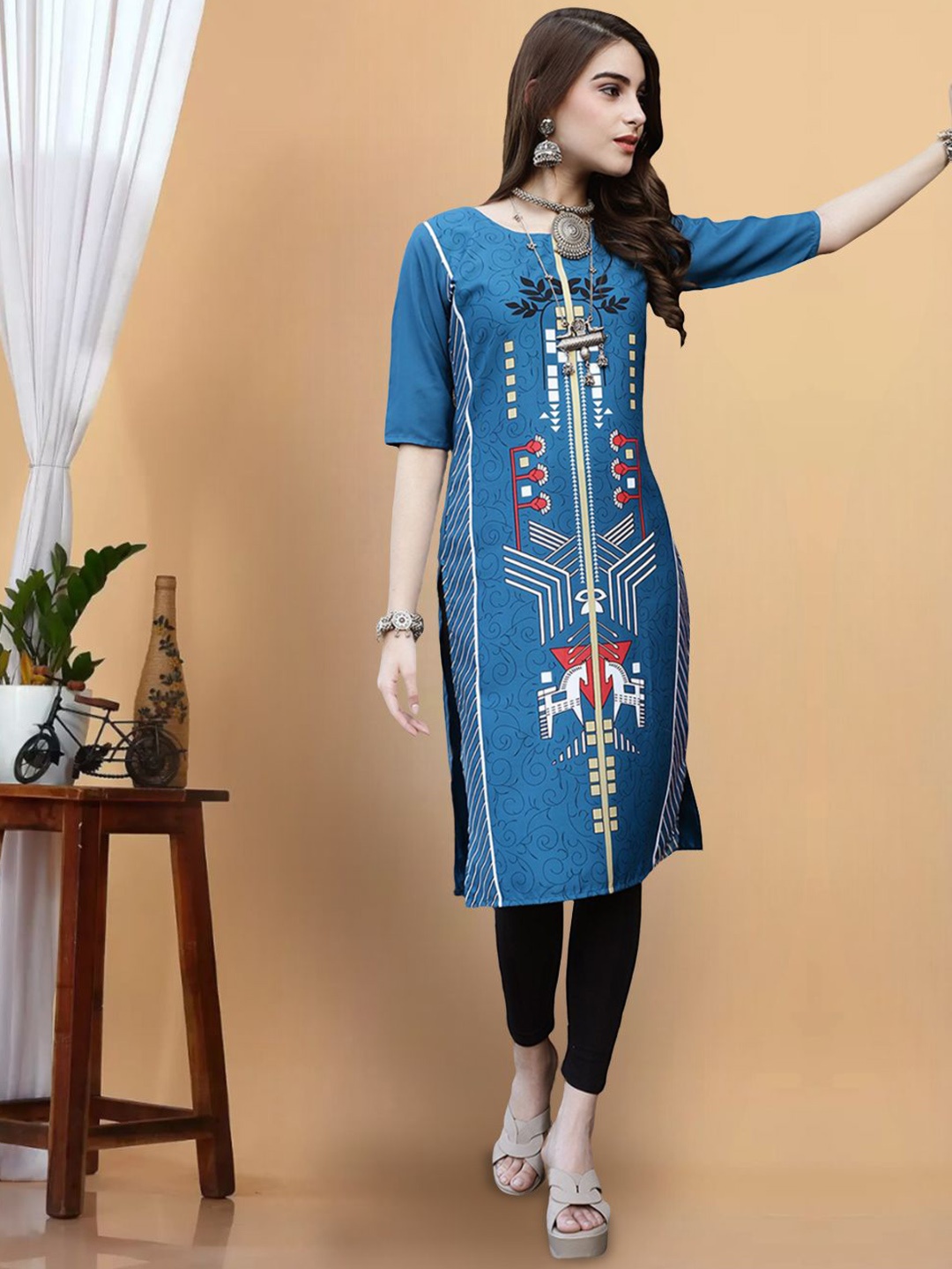 

7Threads Floral Printed Straight Kurta, Blue