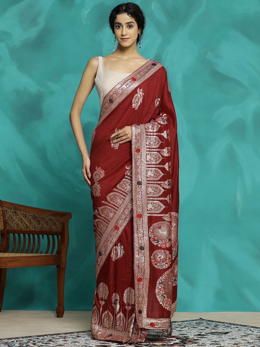

Jaipur Kurti Festive Zari Woven Design Heavy Banarasi Saree, Red