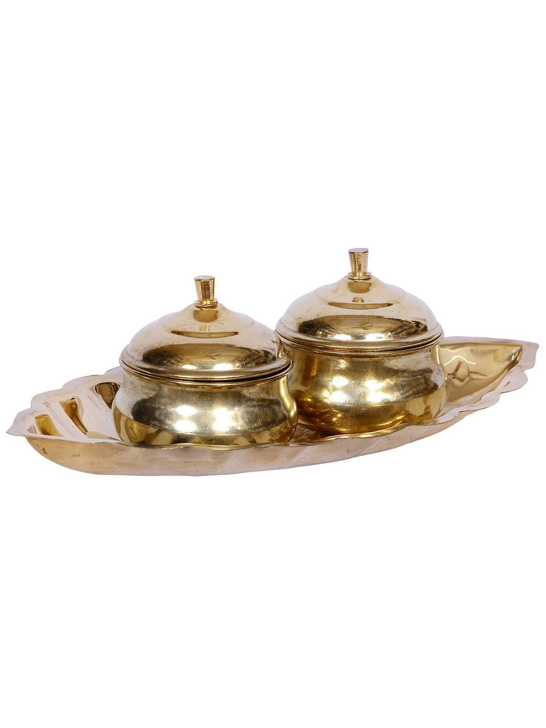 

Exotic India Gold Toned 3 Pieces Brass Kumkum Bowls With Leaf Plate
