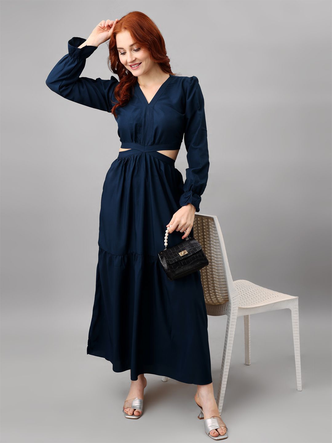 

Femvy Women Solid Fit & Flare Maxi Dress, Blue
