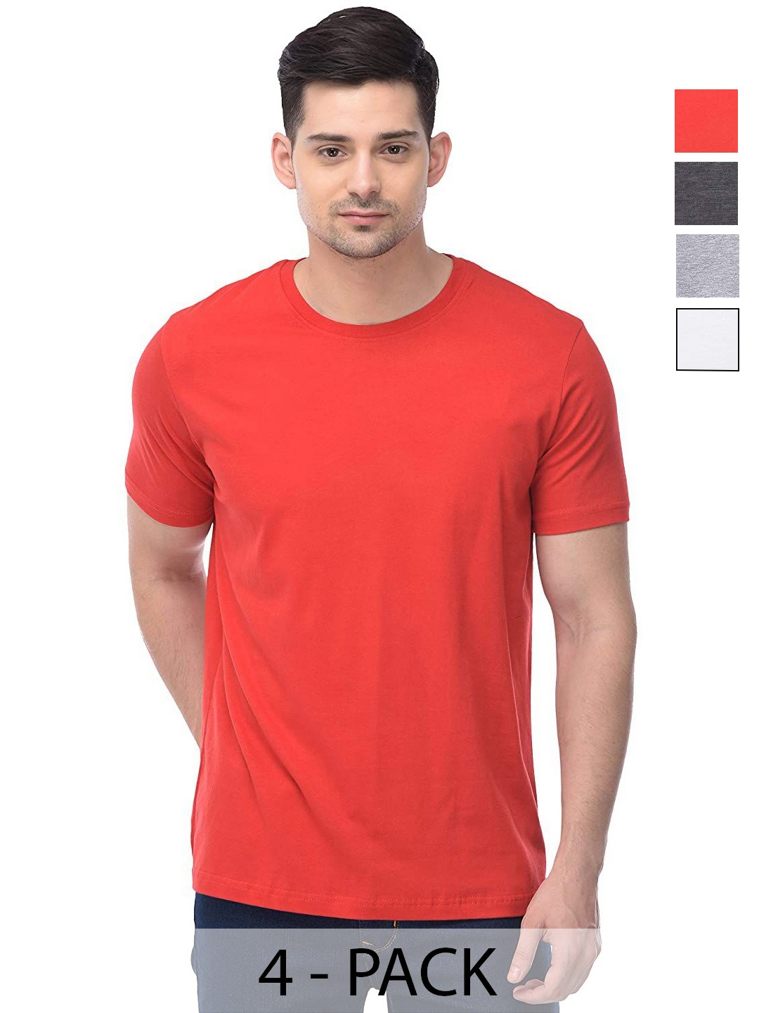 

COLOR CAPITAL Unisex Pack Of 4 Solid Round Neck Cotton T-shirts, Red