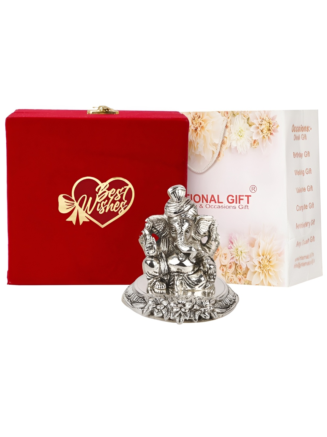 

INTERNATIONAL GIFT Silver Toned Pagdi Ganesh Idol Metal Showpiece With Velvet Box & Bag