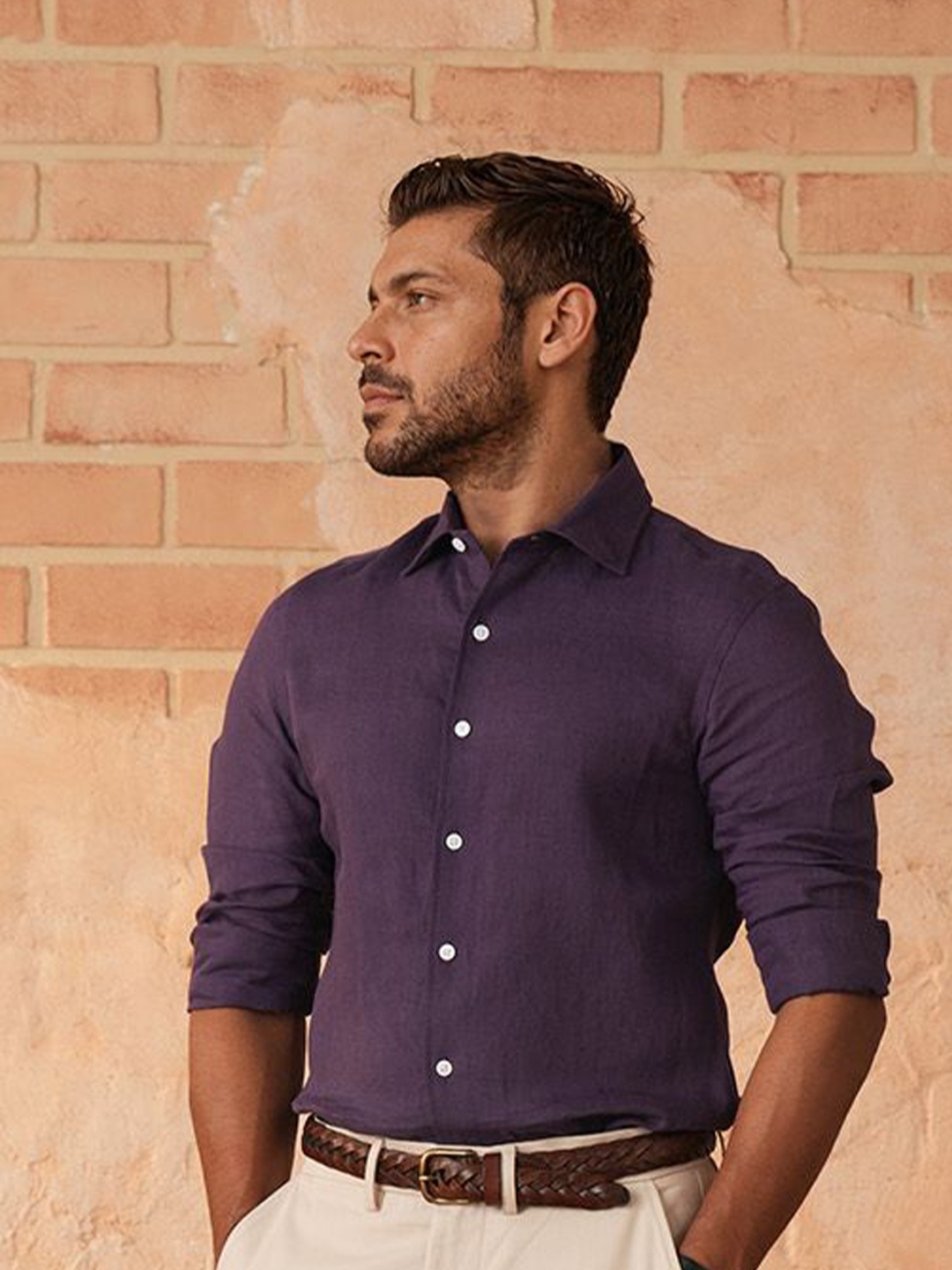 

Monks of Method Men Relaxed Spread Collar Solid Linen Relaxed Fit Casual Shirt, Violet