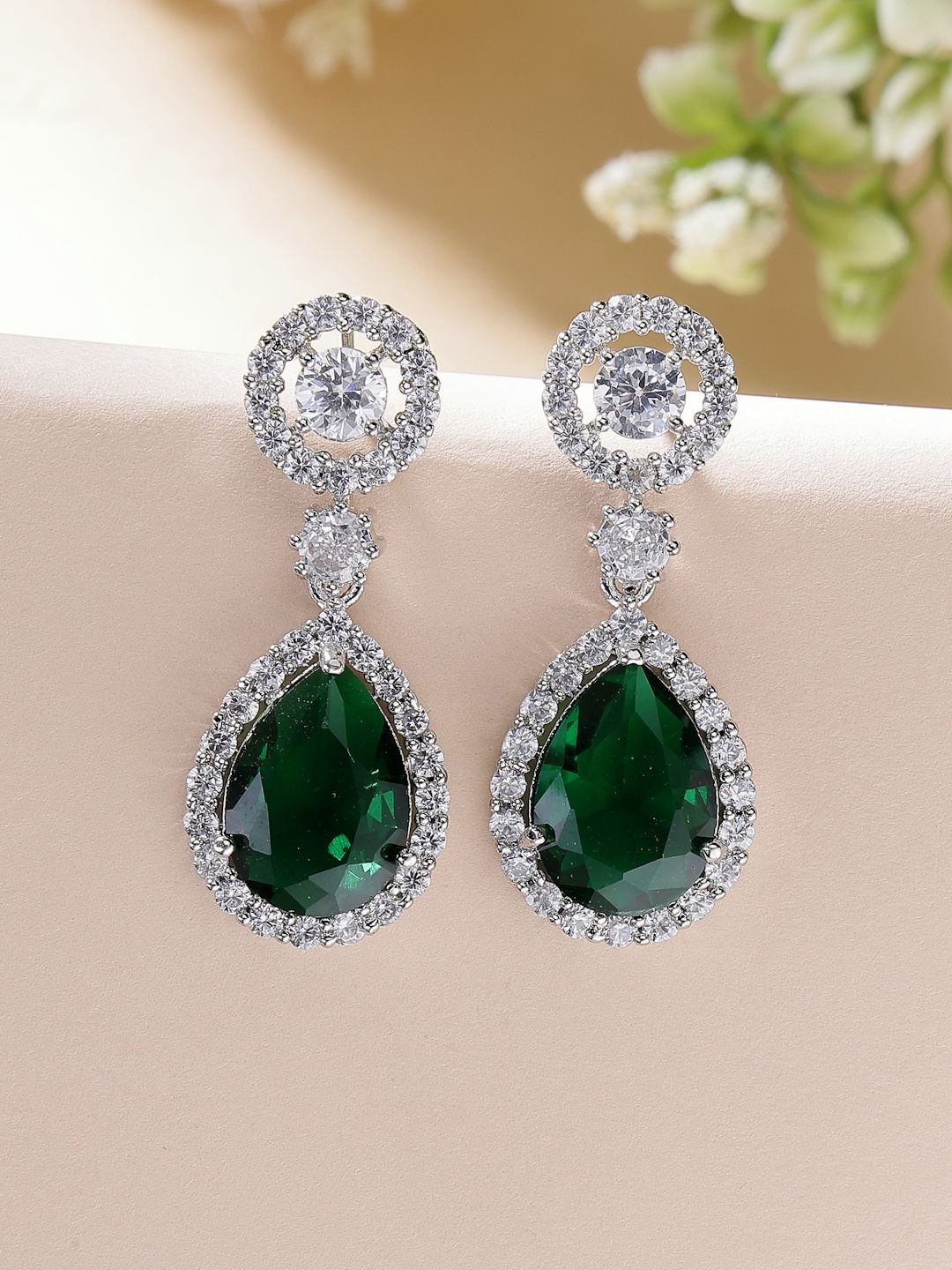 

ZENEME Rhodium-Plated American Diamond Studded Geometric Drop Earrings, Green