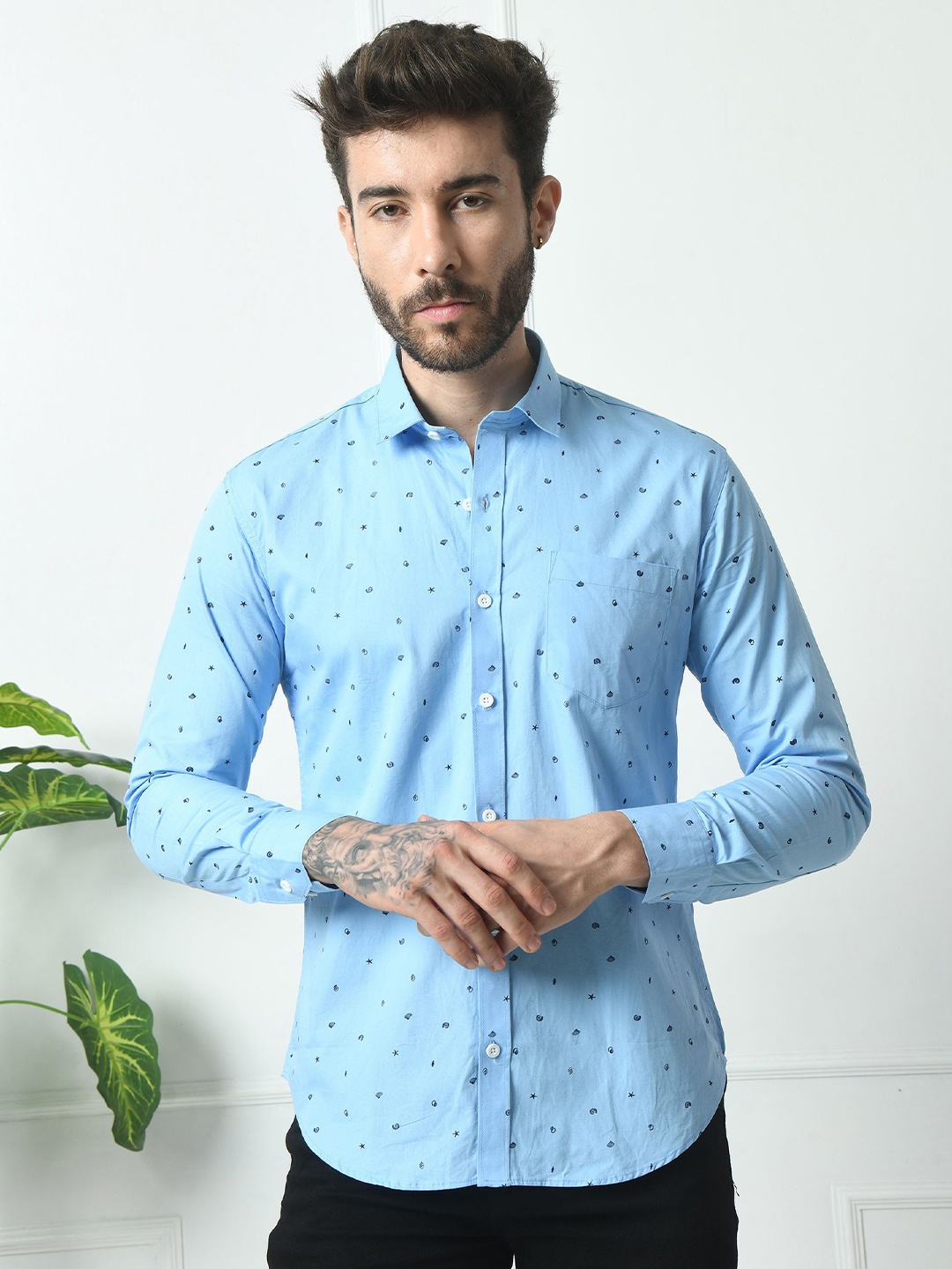 

PEBCO Men Classic Spread Collar Micro Ditsy Printed Cotton Slim Fit Casual Shirt, Blue