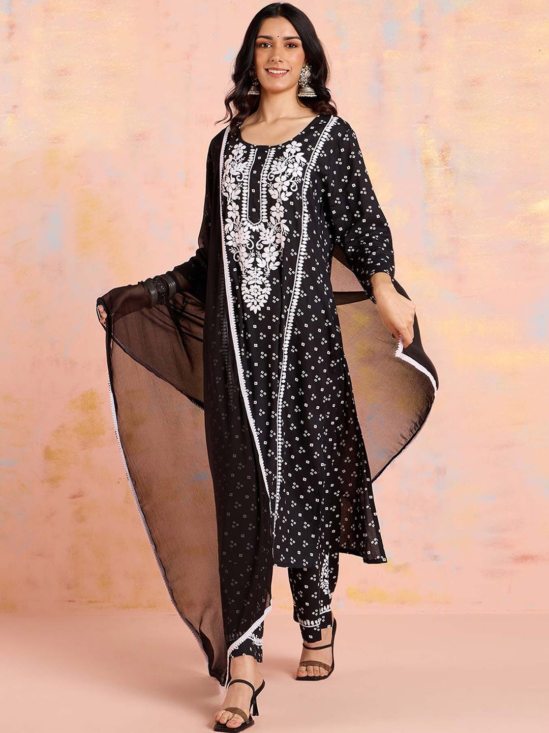 

Likha Bandhani Chikankari Embroidered Pure Cotton Straight Kurta with Pyjamas & Dupatta, Black