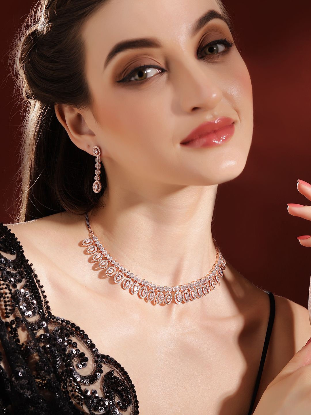 

Priyaasi Rose Gold-Plated American Diamond Studded Jewellery Set