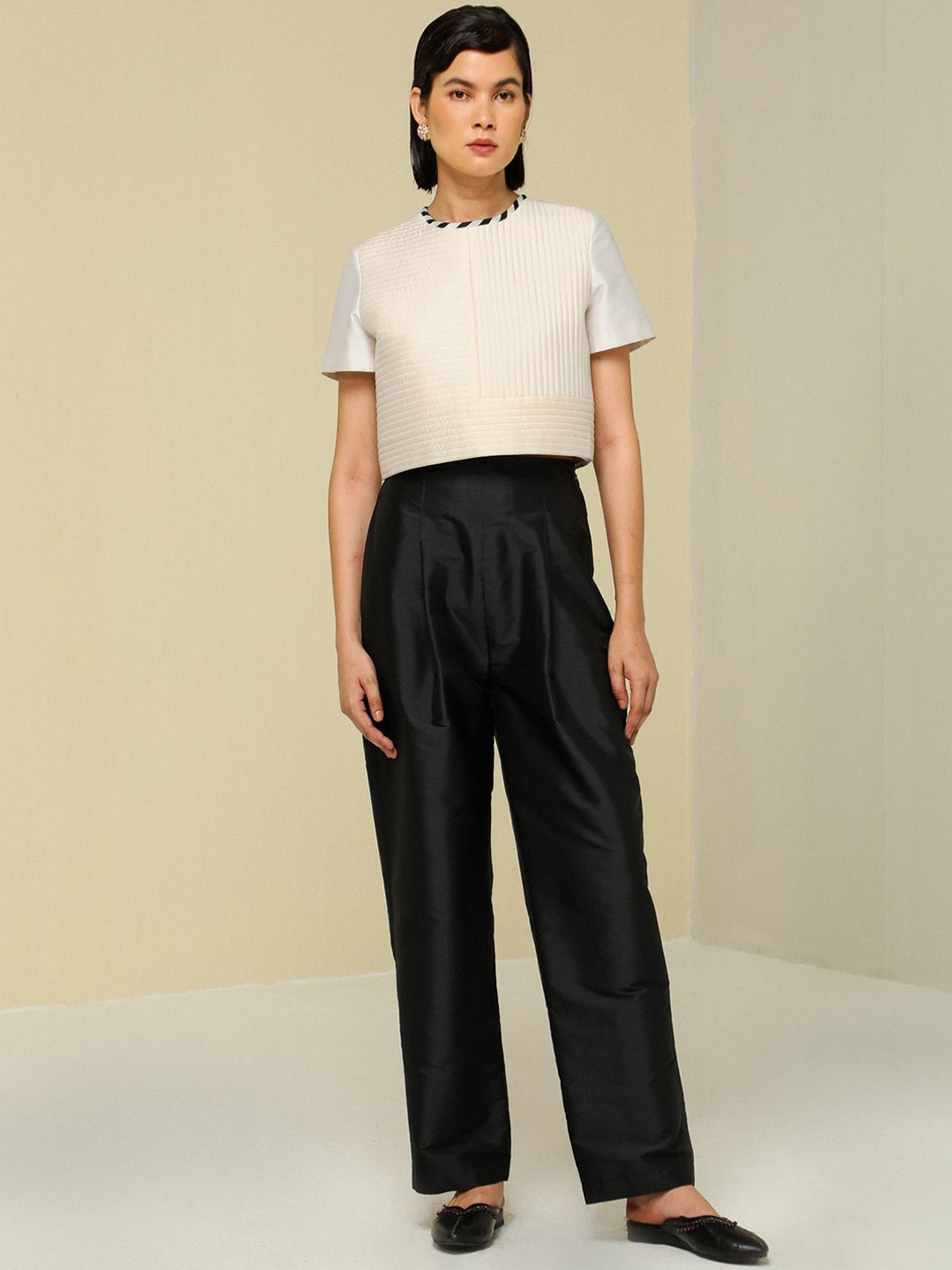 

ZAITRA Women Straight Fit High-Rise Pleated Trousers, Black