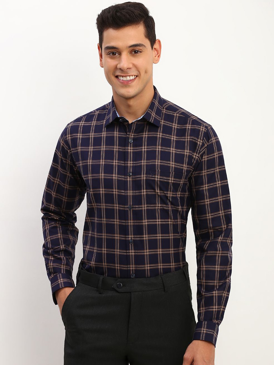 

Allen Solly Men Spread Collar Tartan Checked Cotton Slim Fit Formal Shirt, Navy blue