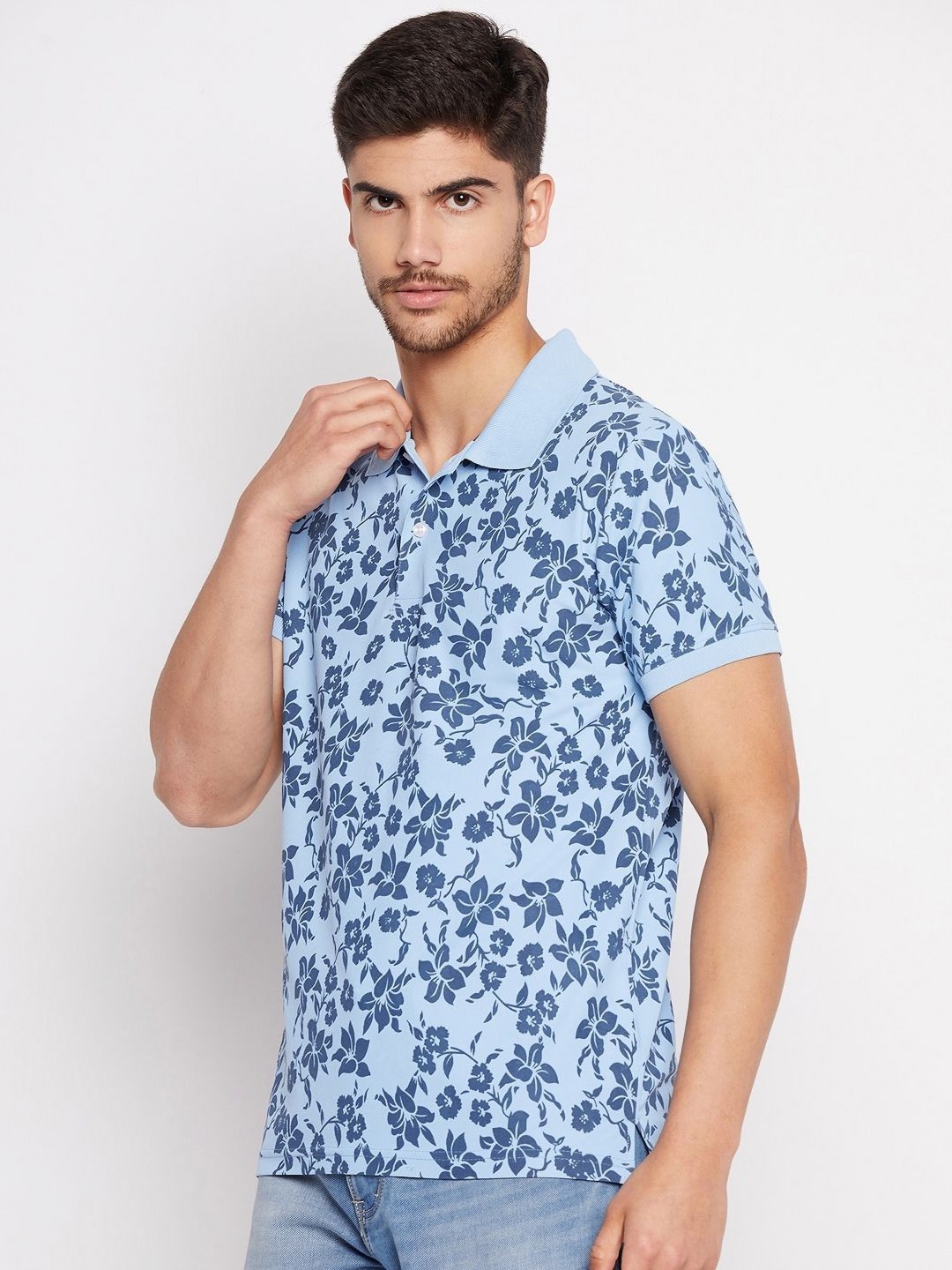 

RISS Men Floral Printed Polo Collar Cotton T-Shirt, Blue