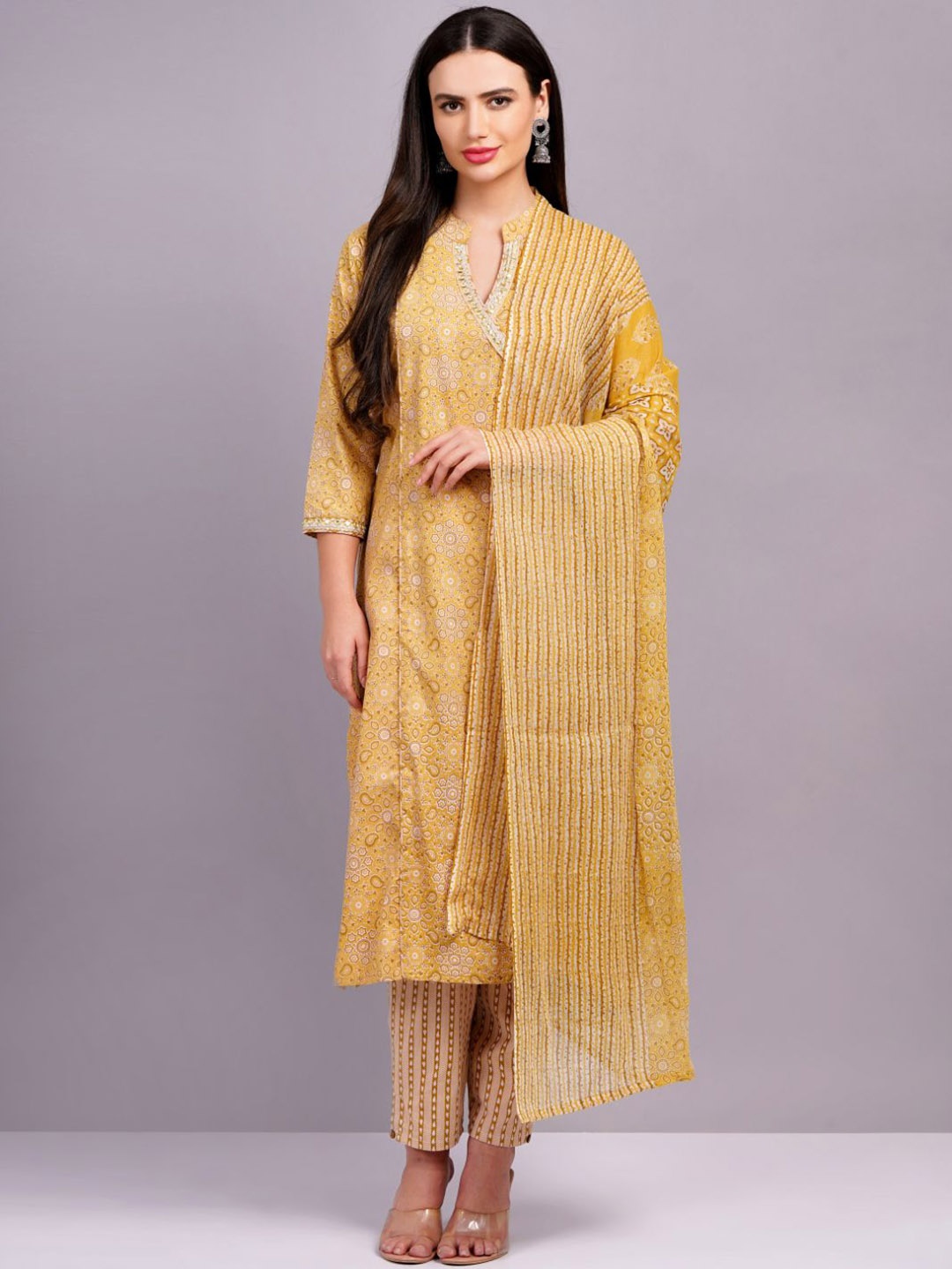 

JC4U Women Floral Printed Regular Mirror Work Pure Cotton Kurta with Trousers & With Dupatta, Yellow