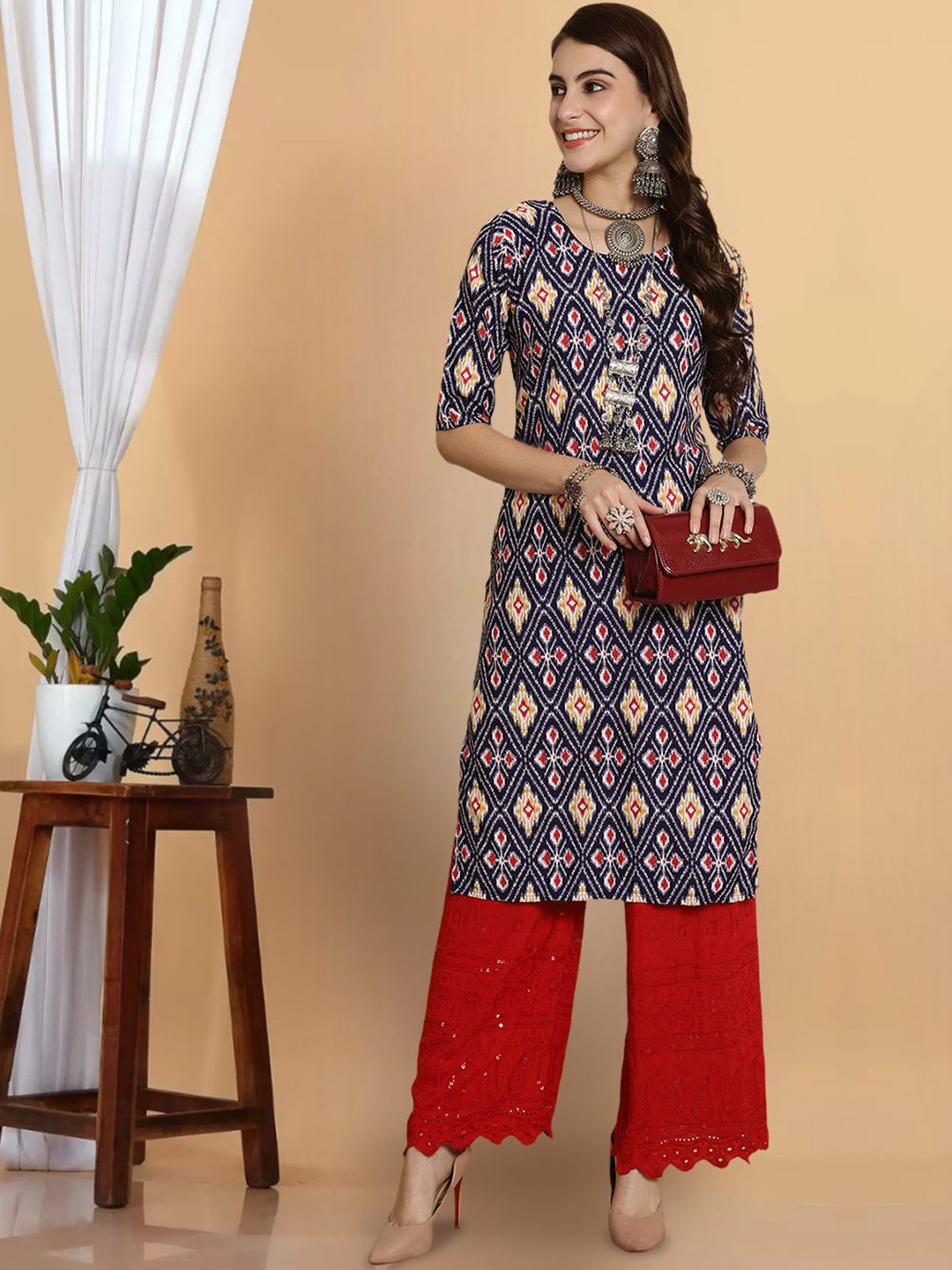 

7Threads Geometric Printed Straight Kurta, Blue