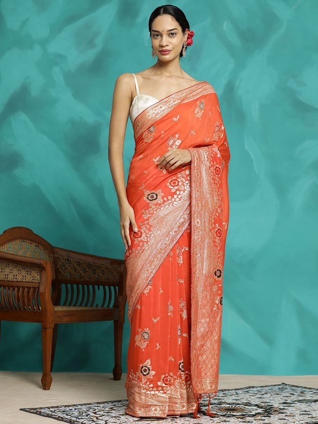 

Jaipur Kurti Festive Zari Woven Heavy Banarasi Saree, Orange