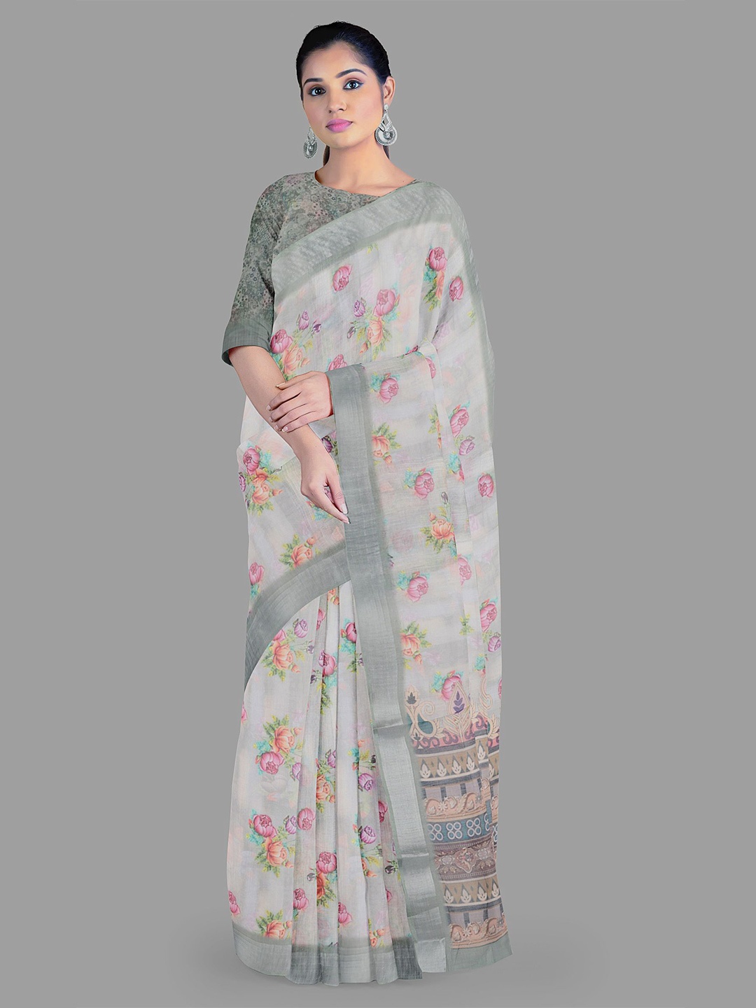 

The Chennai Silks Floral Printed Saree, Off white