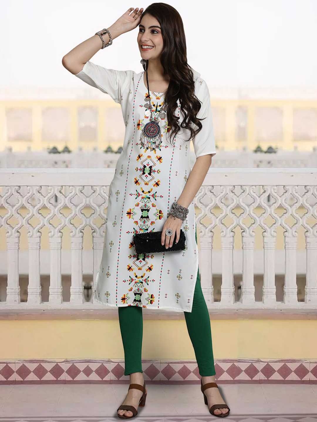 

7Threads Ethnic Motifs Printed Round Neck Crepe Straight Kurta, White