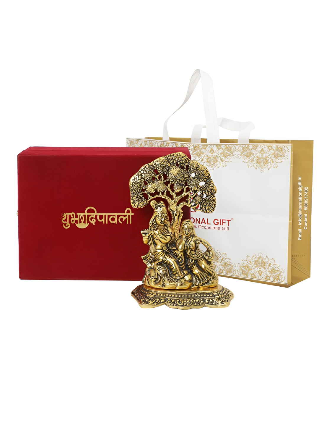 

INTERNATIONAL GIFT Gold Toned Brass Radha Krishna With Happy Diwali Tag and Velvet Box