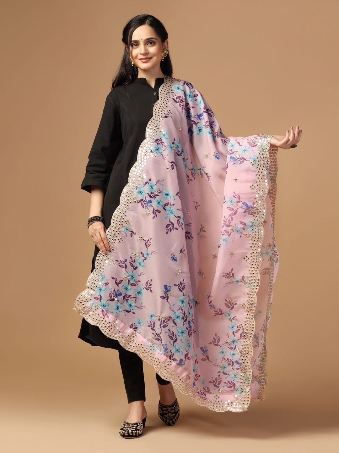 

Kaizen TEXO FAB Floral Printed Mirror Work Organza Dupatta, Pink