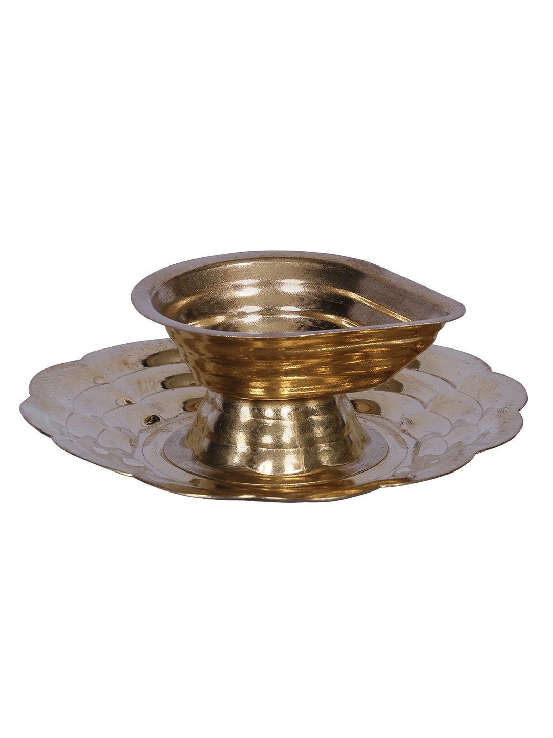 

Exotic India Brass Diya With Attached Thali, Gold