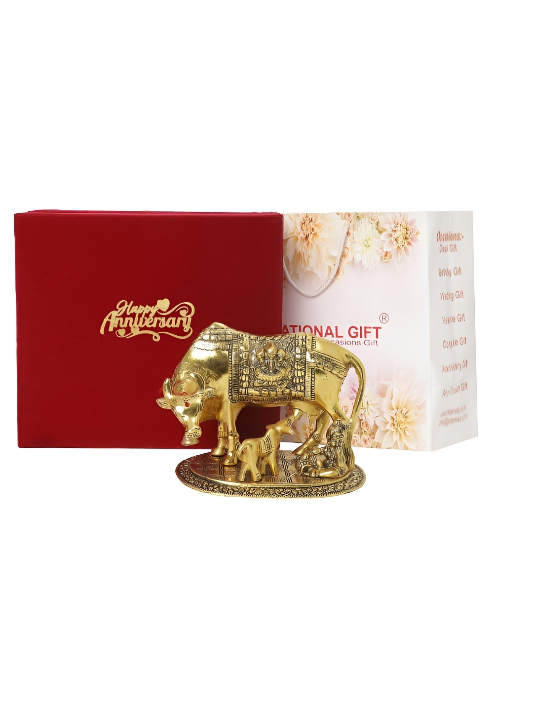 

INTERNATIONAL GIFT Red Kamdhenu Cow Showpiece with with Happy Anniversary Tag & Velvet Box, Gold