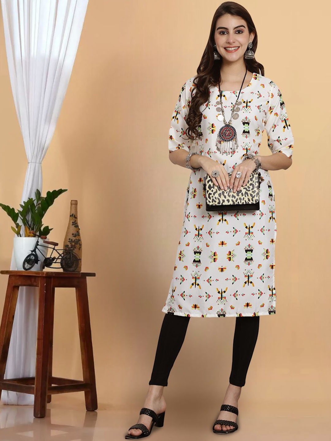 

7Threads Ethnic Motifs Printed Round Neck Crepe Straight Kurta, White
