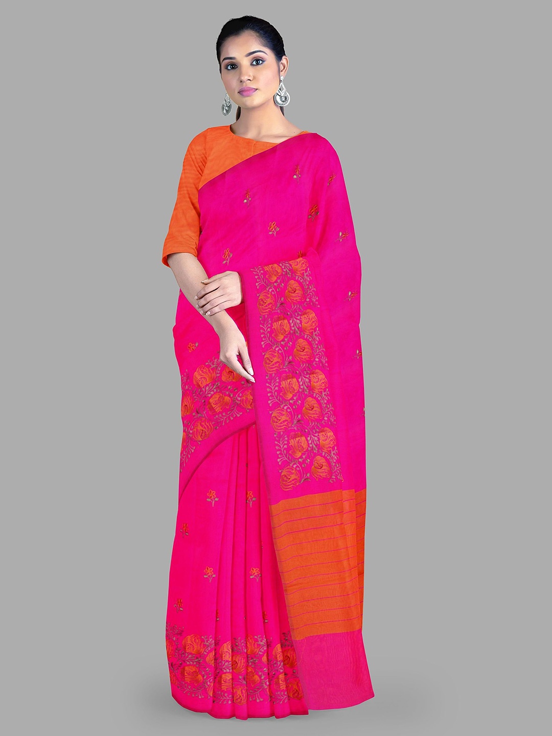 

The Chennai Silks Women Floral Printed Embroidered Gadwal Saree, Pink