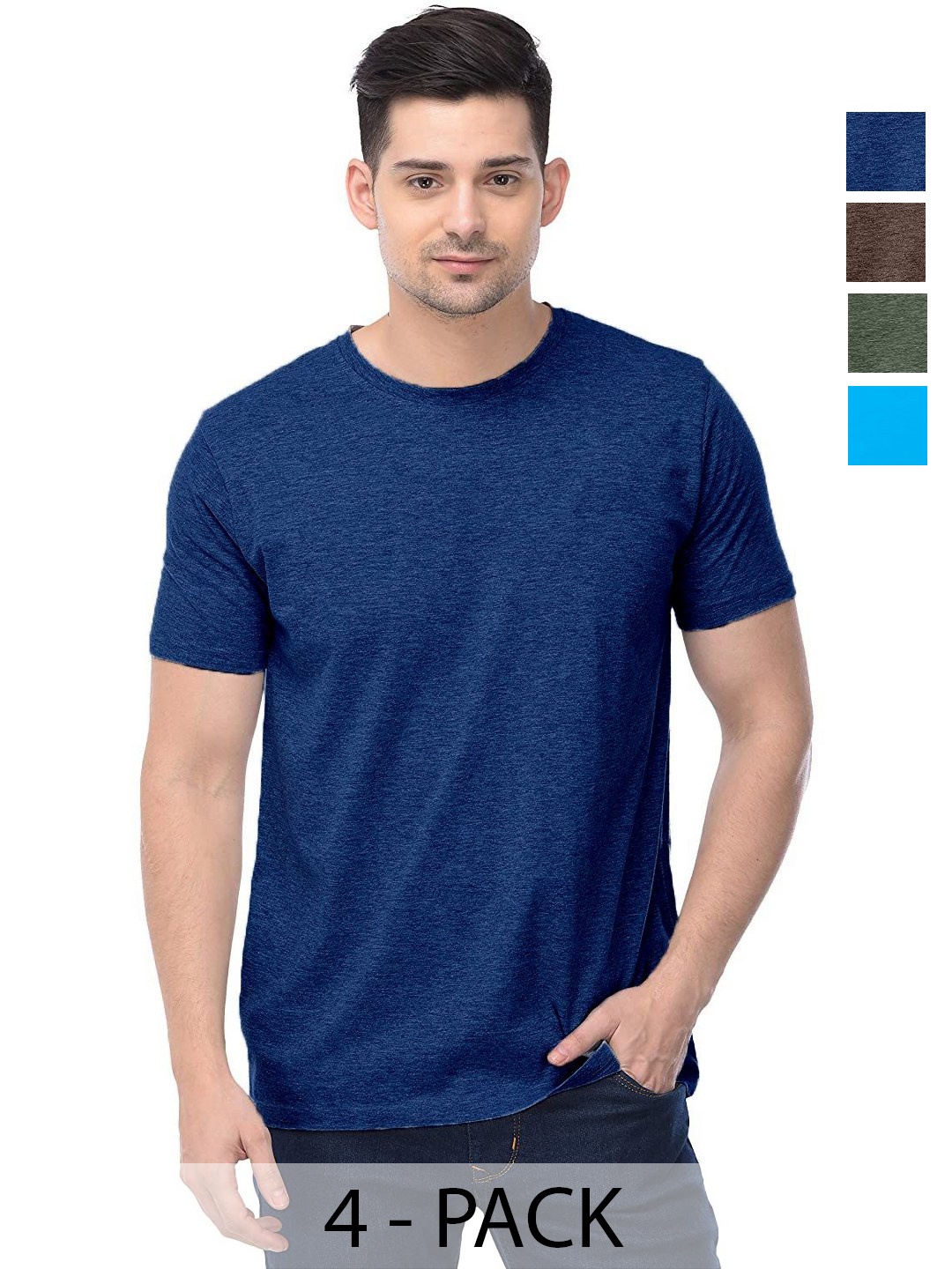 

COLOR CAPITAL Unisex Pack Of 4 Solid Round Neck Cotton T-shirts, Navy blue