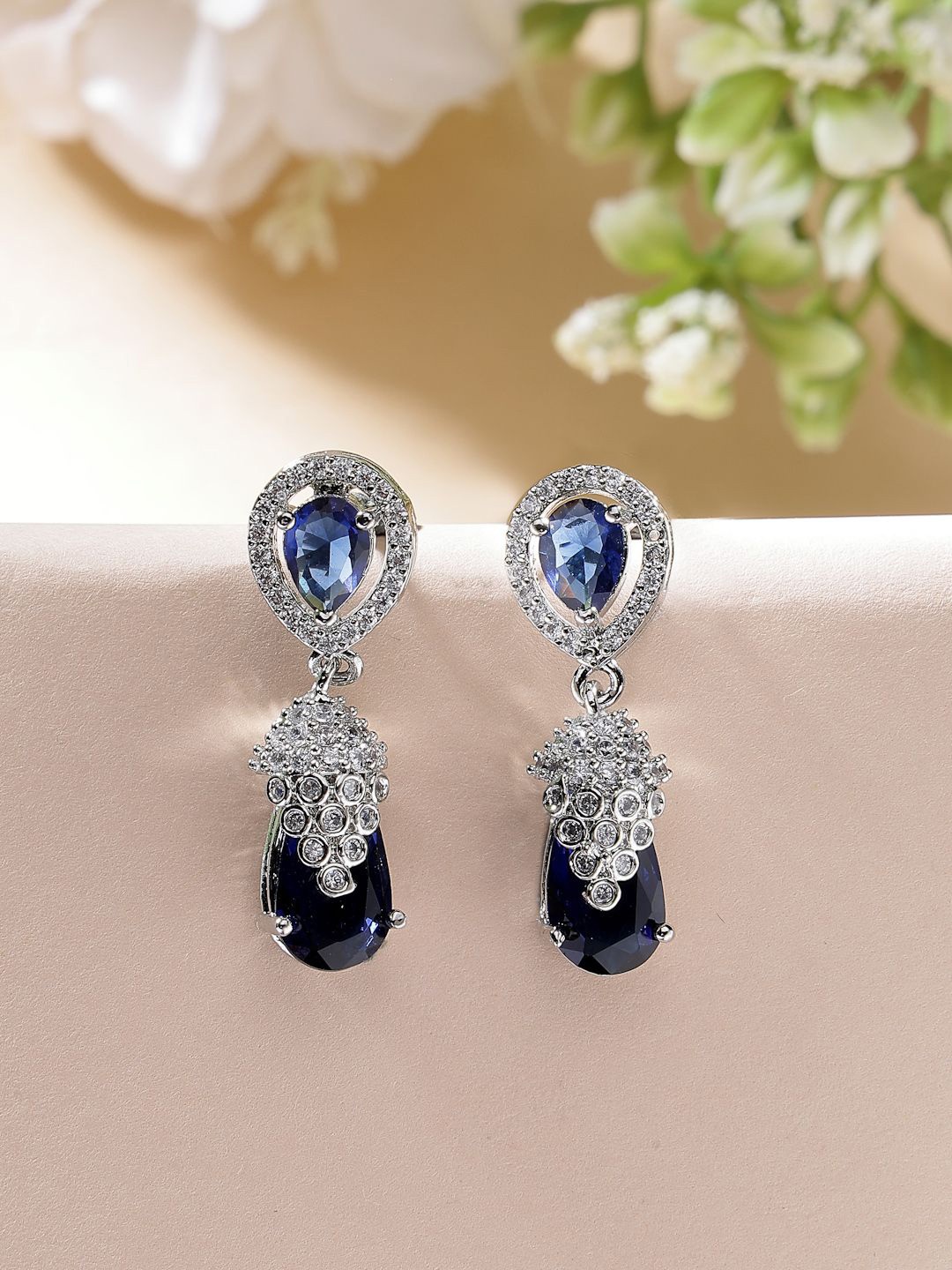 

ZENEME Rhodium-Plated American Diamond Studded Teardrop Shaped Drop Earrings, Blue
