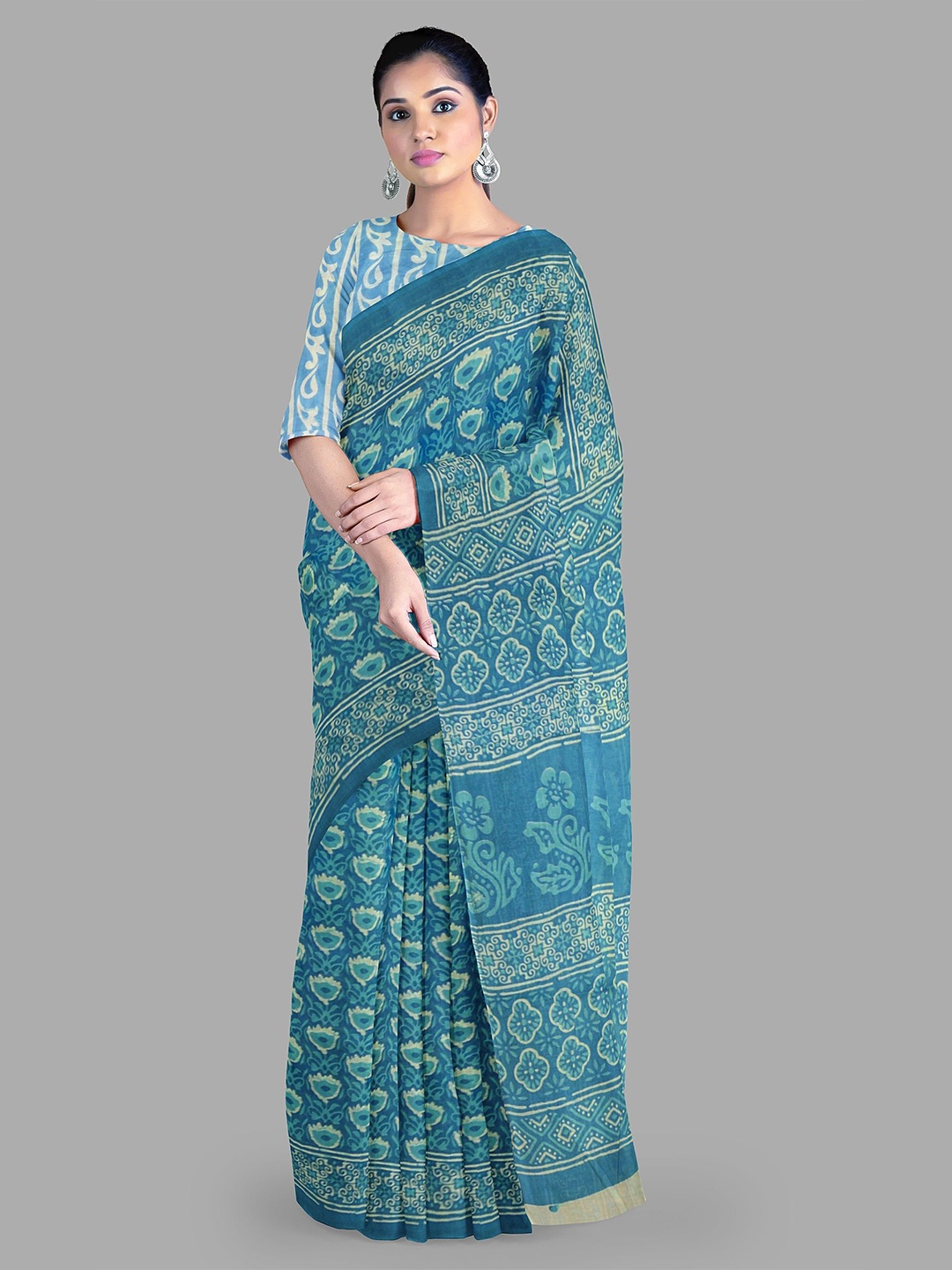 

The Chennai Silks Floral Pure Cotton Muga Saree, Blue