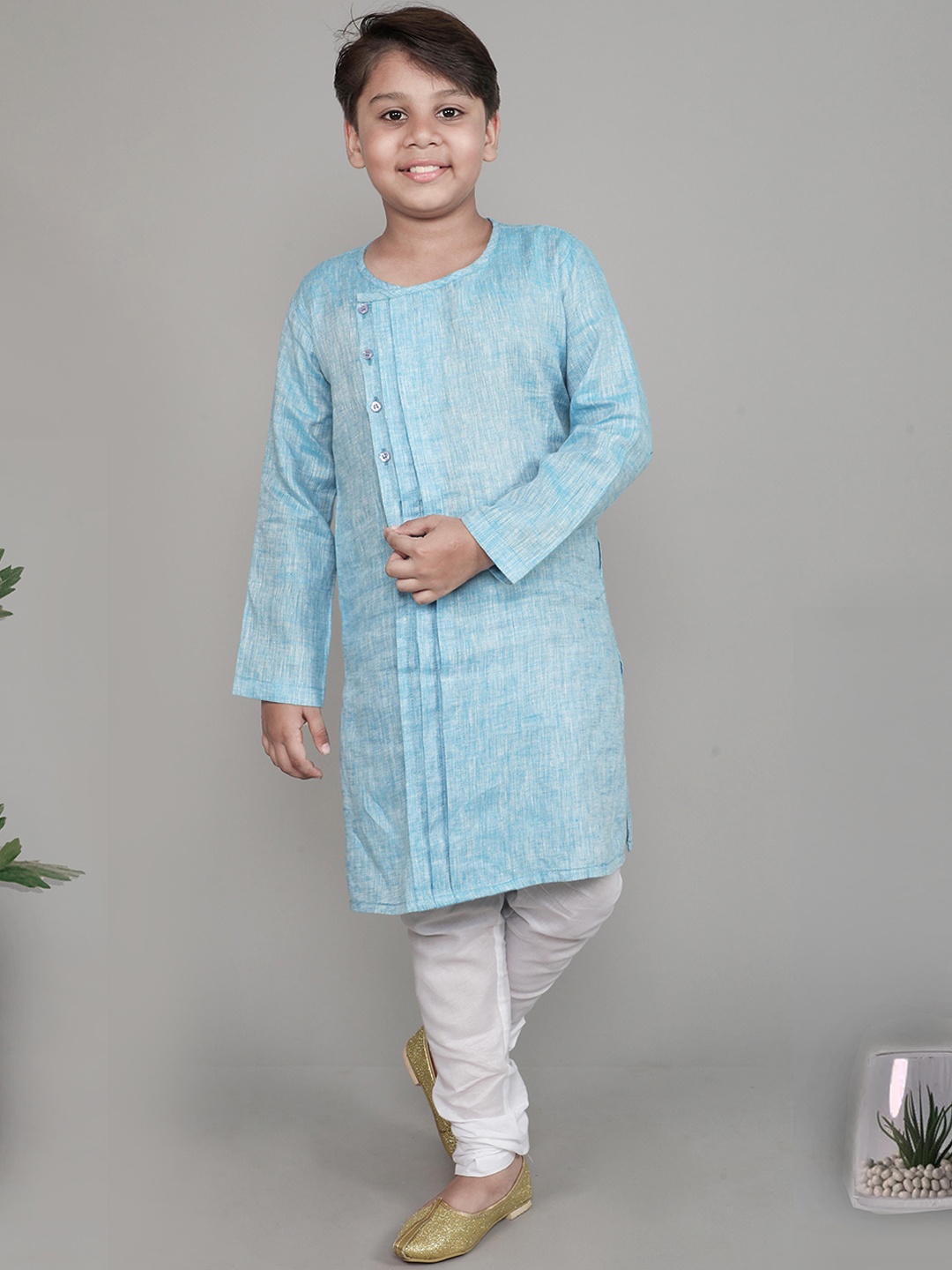 

Little Clothings Boys Regular Linen Kurta With Churidar, Blue