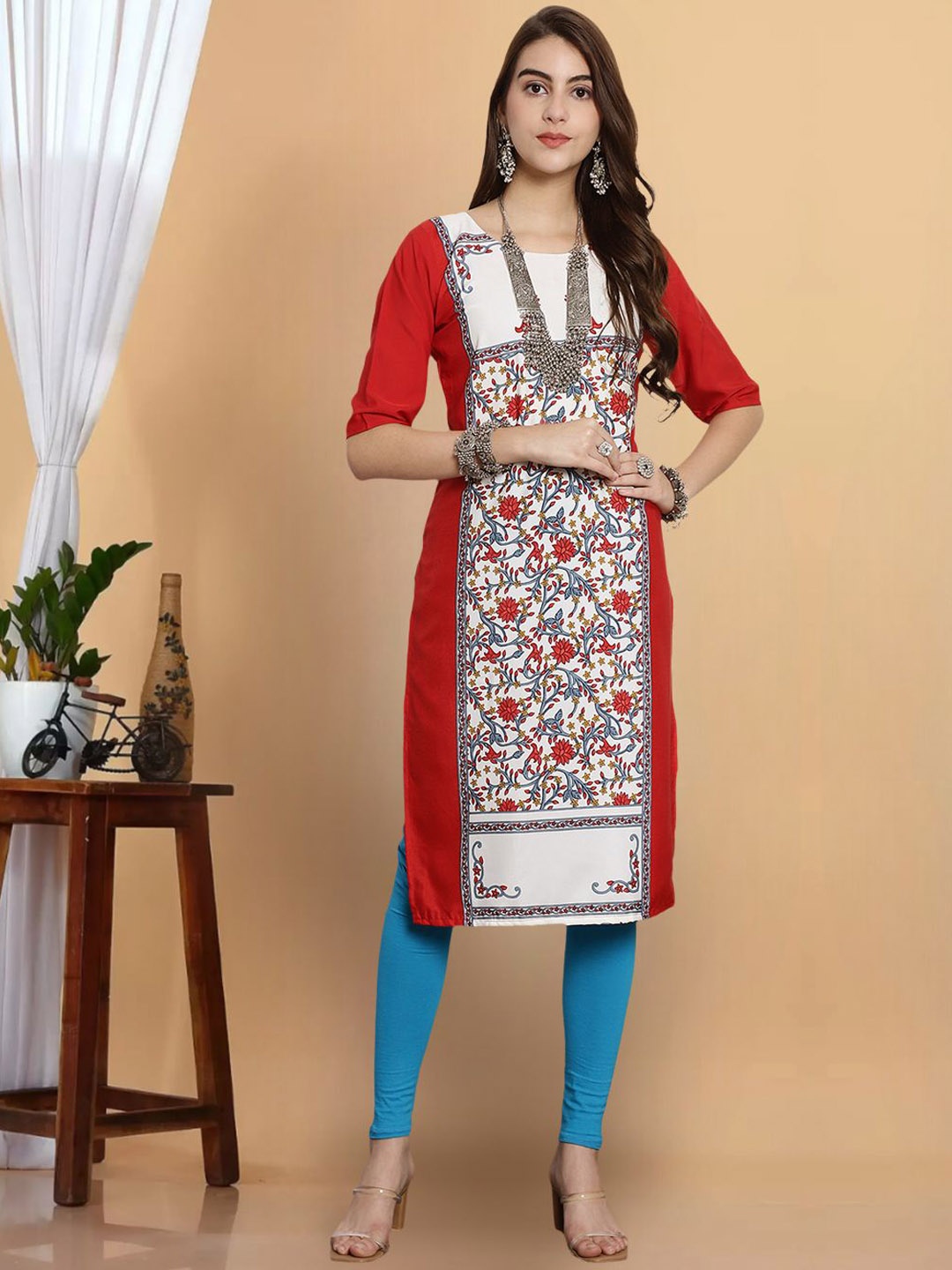 

7Threads Floral Printed Crepe Straight Kurta, Red