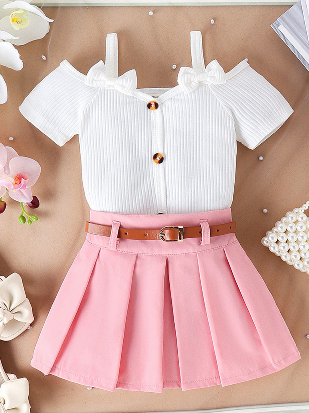

INCLUD Girls Self Design Top with Pleated Skirt & Belt, Pink