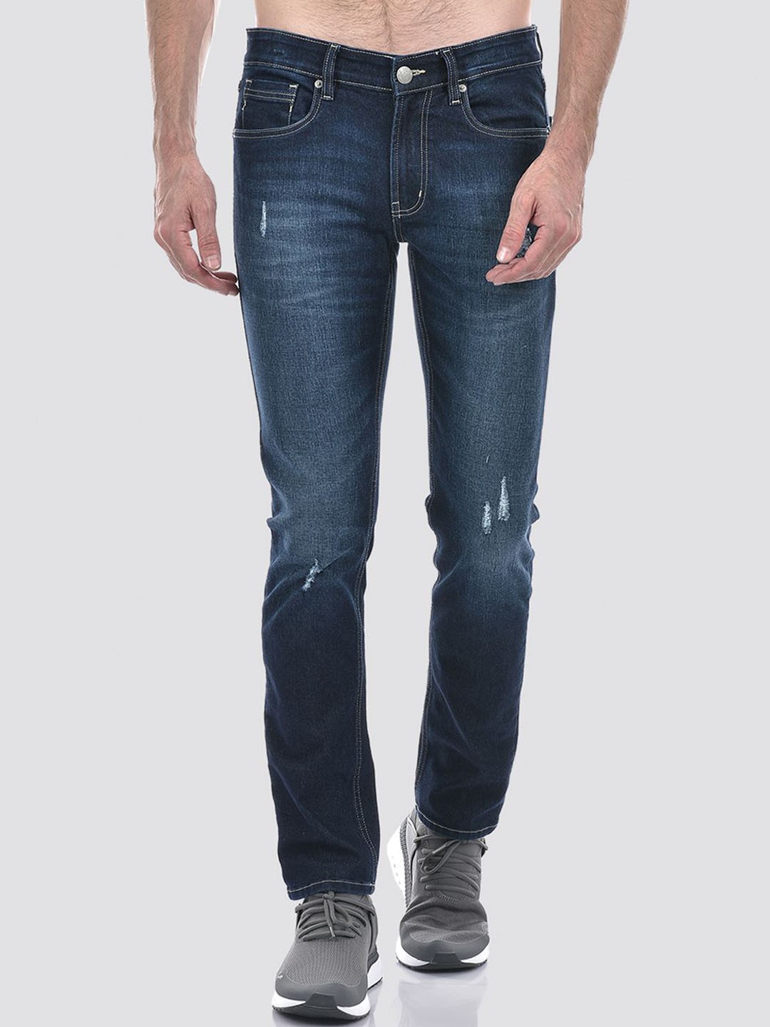 

Numero Uno Men Skinny Fit Low-Rise Mildly Distressed Light Fade Stretchable Jeans, Blue