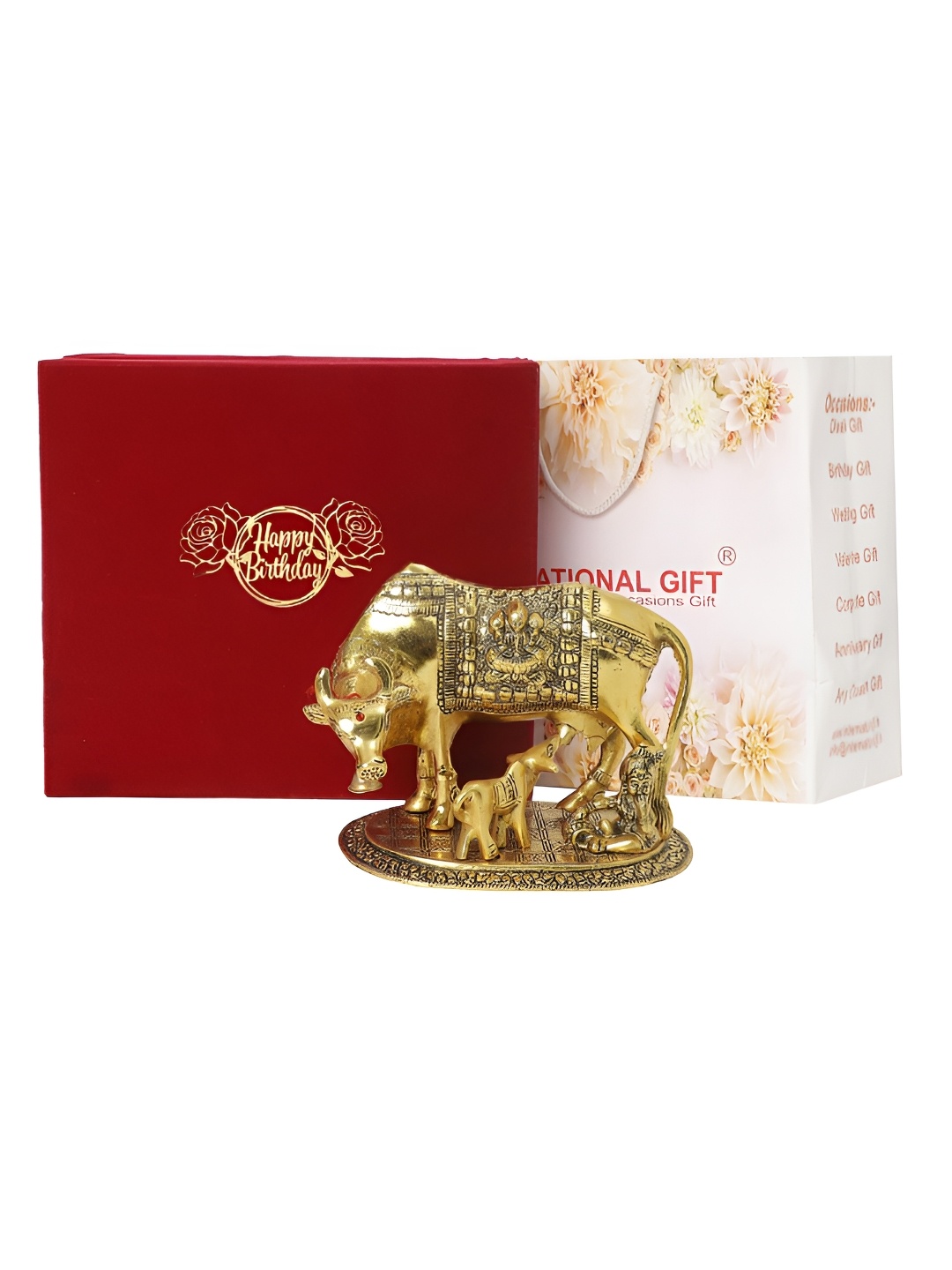 

INTERNATIONAL GIFT Gold Toned Kamdhenu Cow Metal Idol Showpiece With Velvet Box & Bag