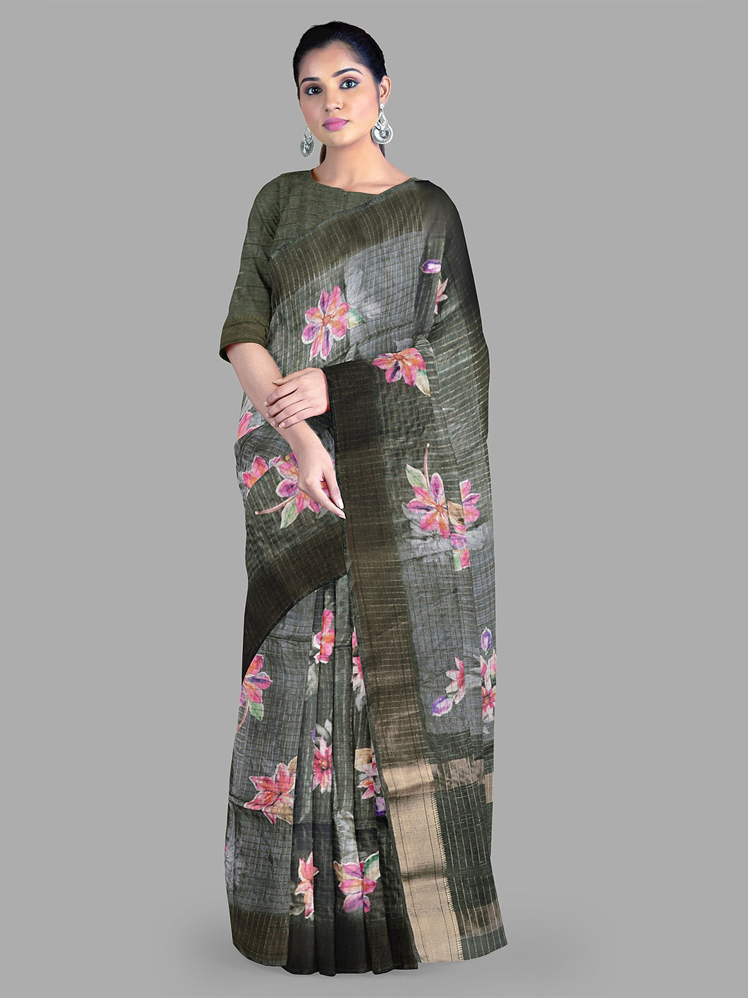 

The Chennai Silks Floral Printed Chanderi Saree, Grey